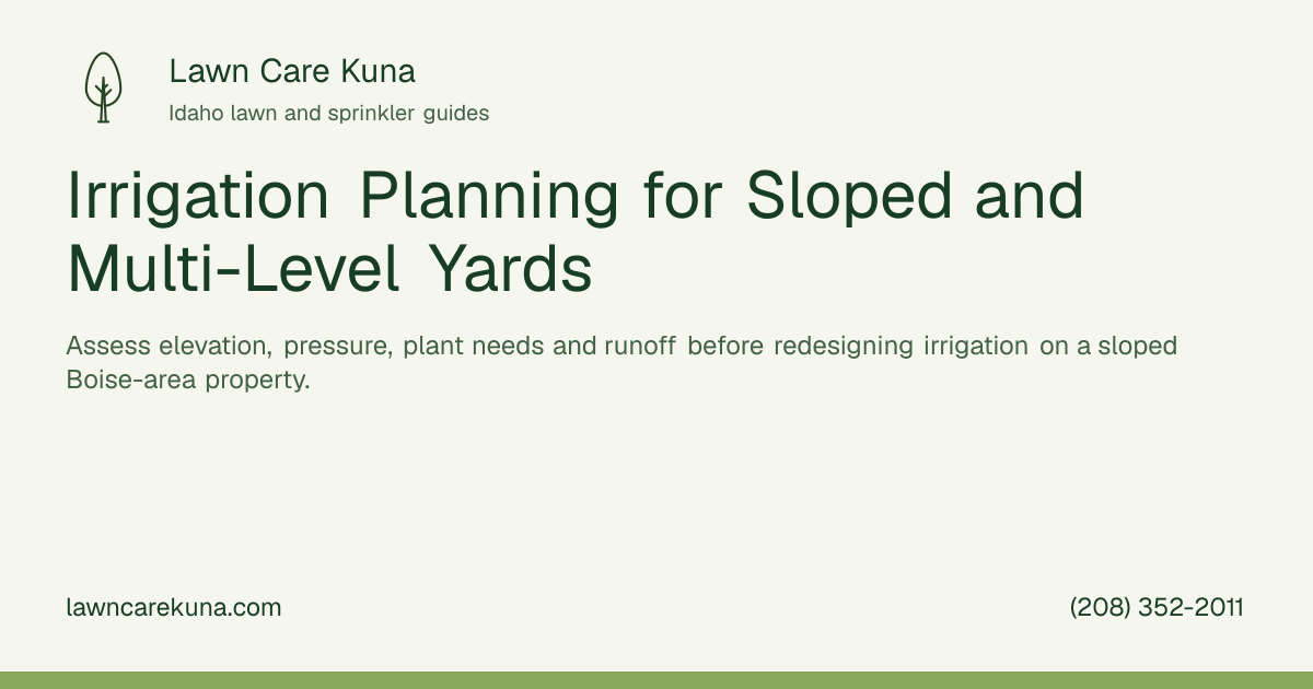 Lawn Care Kuna branded graphic: Irrigation Planning for Sloped and Multi-Level Yards.