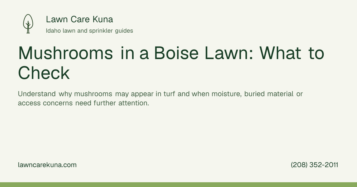 Lawn Care Kuna branded graphic: Mushrooms in a Boise Lawn: What to Check.