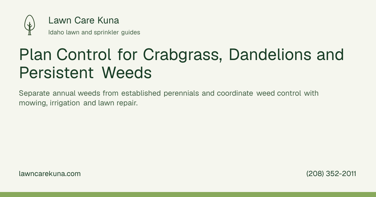 Lawn Care Kuna branded graphic: Plan Control for Crabgrass, Dandelions and Persistent Weeds.