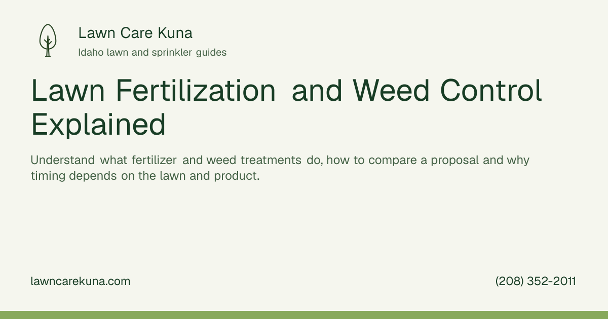Lawn Care Kuna branded graphic: Lawn Fertilization and Weed Control Explained.