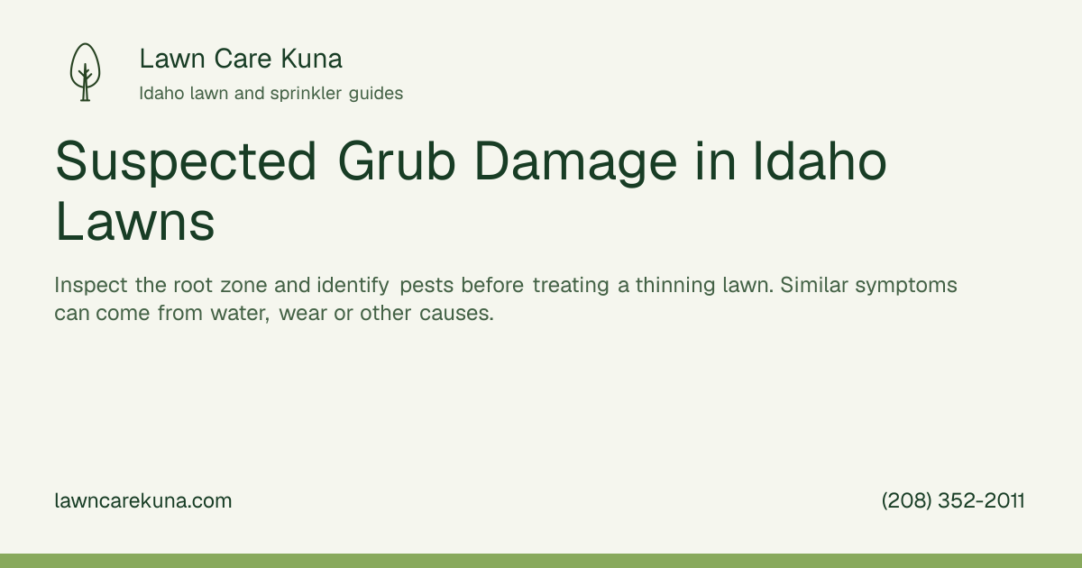 Lawn Care Kuna branded graphic: Suspected Grub Damage in Idaho Lawns.