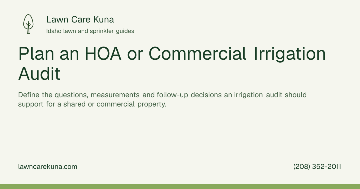 Lawn Care Kuna branded graphic: Plan an HOA or Commercial Irrigation Audit.