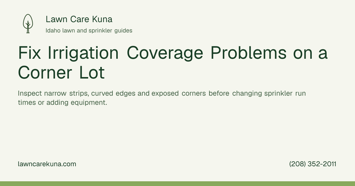 Lawn Care Kuna branded graphic: Fix Irrigation Coverage Problems on a Corner Lot.