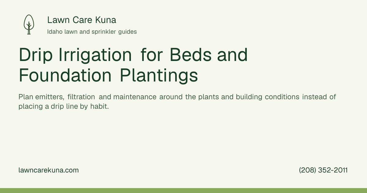 Lawn Care Kuna branded graphic: Drip Irrigation for Beds and Foundation Plantings.