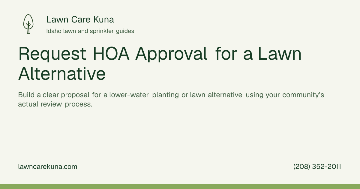 Lawn Care Kuna branded graphic: Request HOA Approval for a Lawn Alternative.