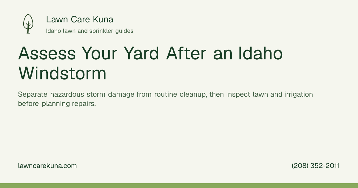 Lawn Care Kuna branded graphic: Assess Your Yard After an Idaho Windstorm.