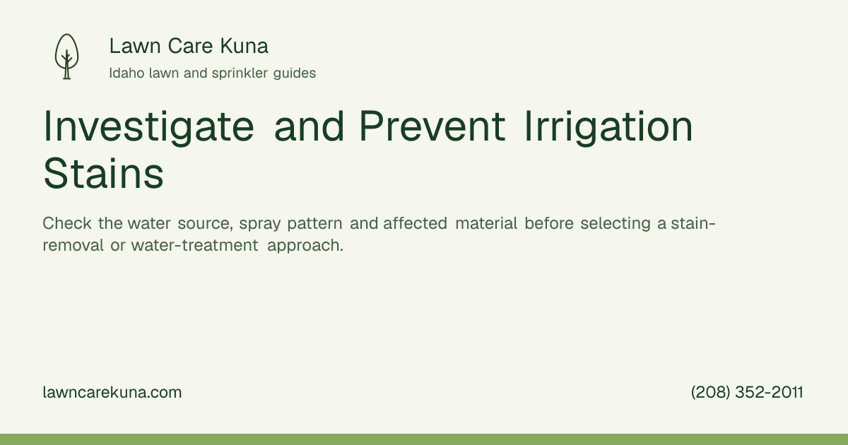 Lawn Care Kuna branded graphic: Investigate and Prevent Irrigation Stains.