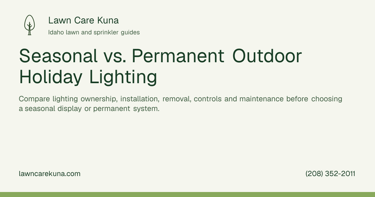 Lawn Care Kuna branded graphic: Seasonal vs. Permanent Outdoor Holiday Lighting.