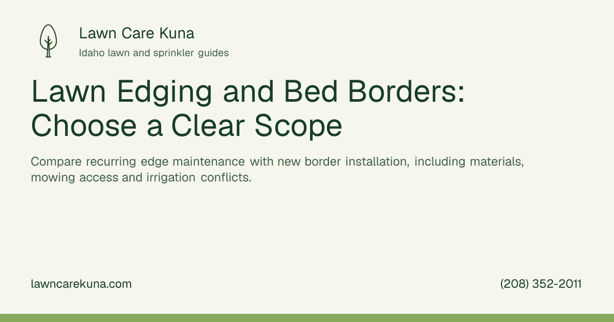 Lawn Care Kuna branded graphic: Lawn Edging and Bed Borders: Choose a Clear Scope.