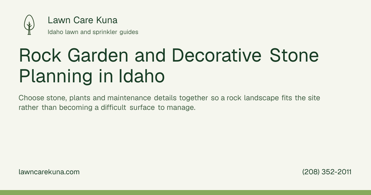 Lawn Care Kuna branded graphic: Rock Garden and Decorative Stone Planning in Idaho.