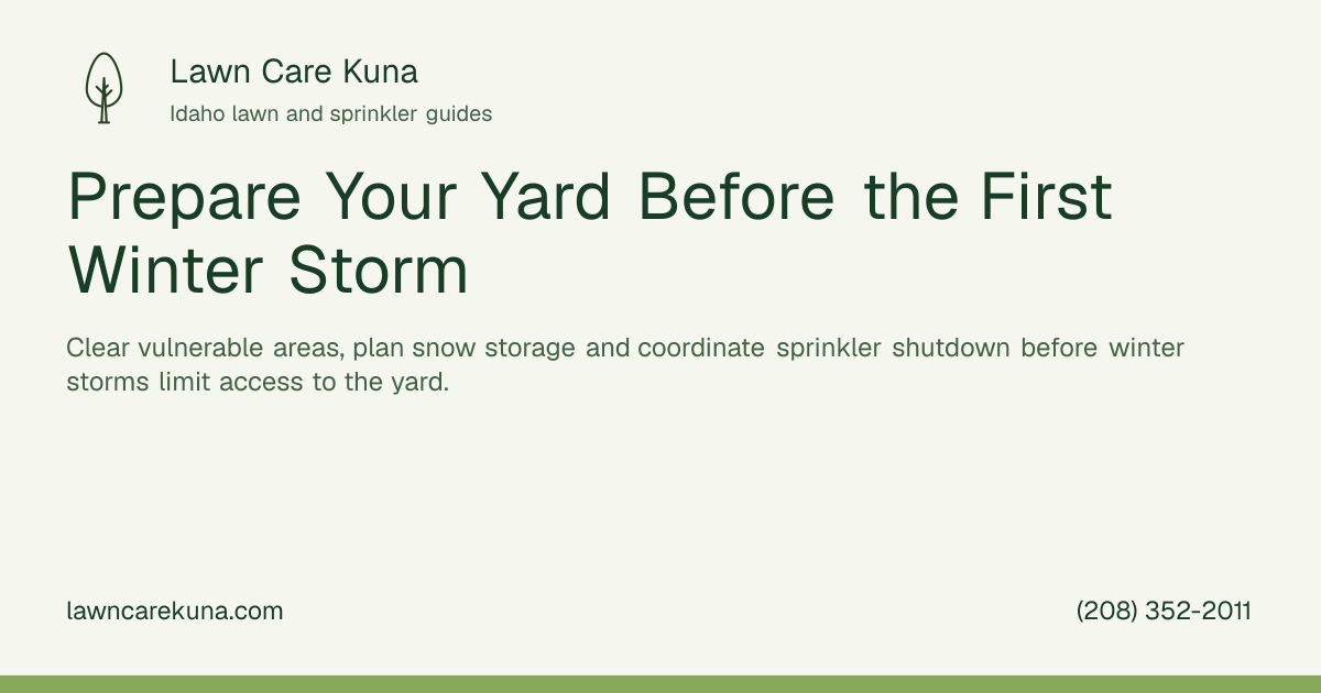 Lawn Care Kuna branded graphic: Prepare Your Yard Before the First Winter Storm.