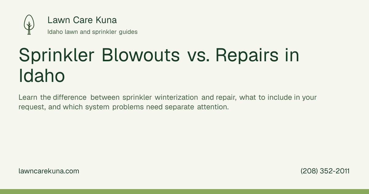 Lawn Care Kuna branded graphic: Sprinkler Blowouts vs. Repairs in Idaho.