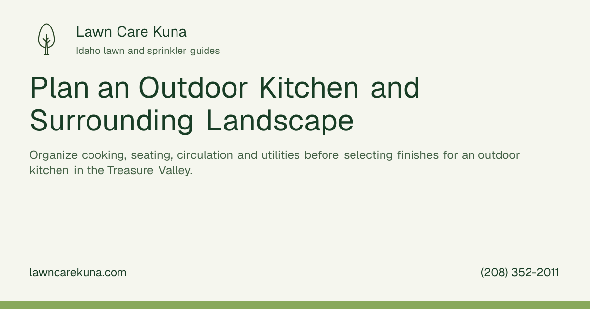 Lawn Care Kuna branded graphic: Plan an Outdoor Kitchen and Surrounding Landscape.