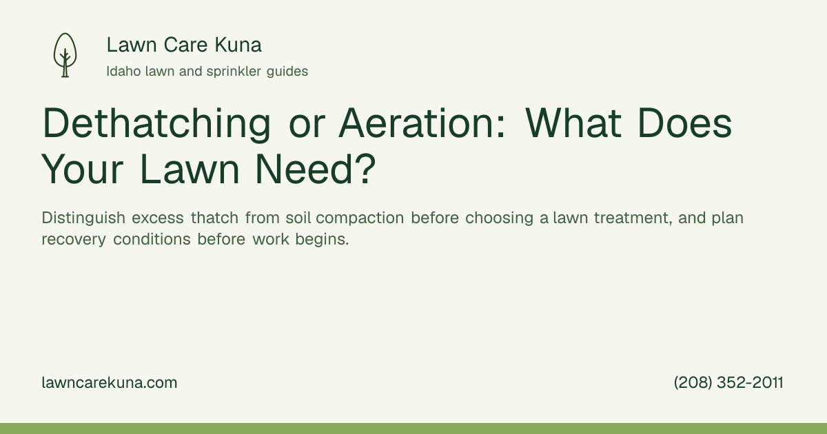 Lawn Care Kuna branded graphic: Dethatching or Aeration: What Does Your Lawn Need?.