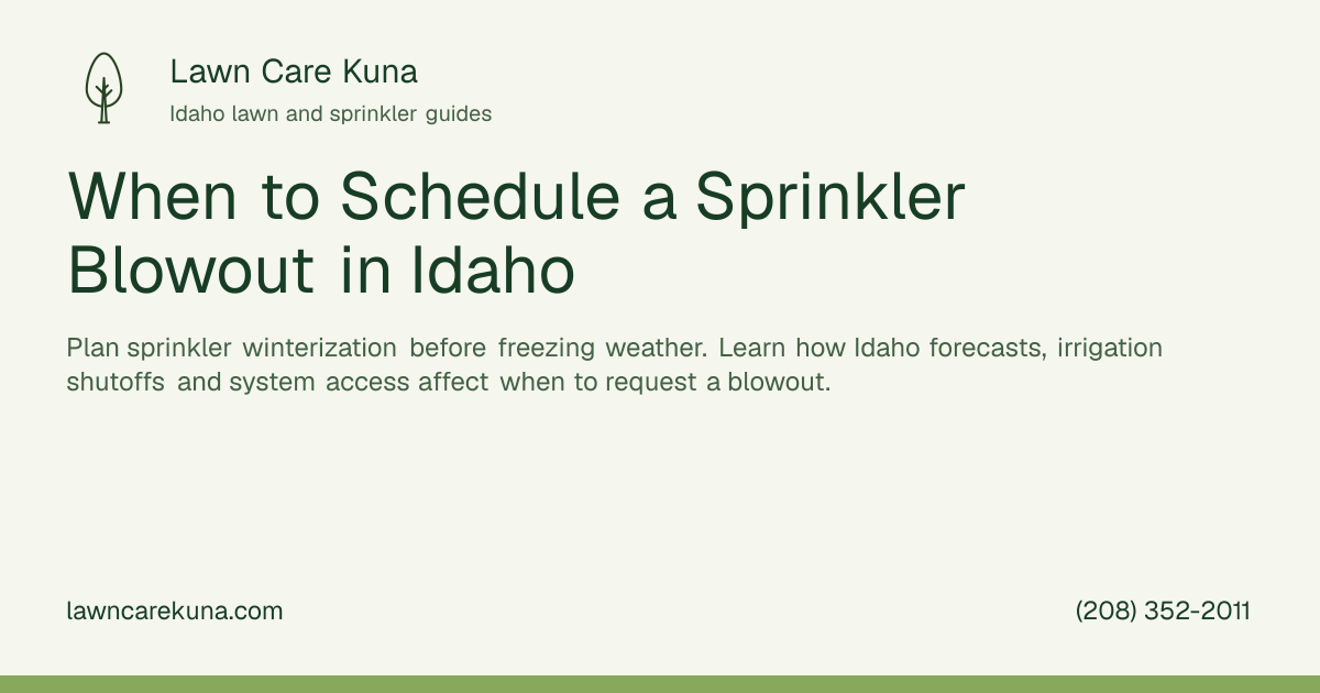 Lawn Care Kuna branded graphic: When to Schedule a Sprinkler Blowout in Idaho.